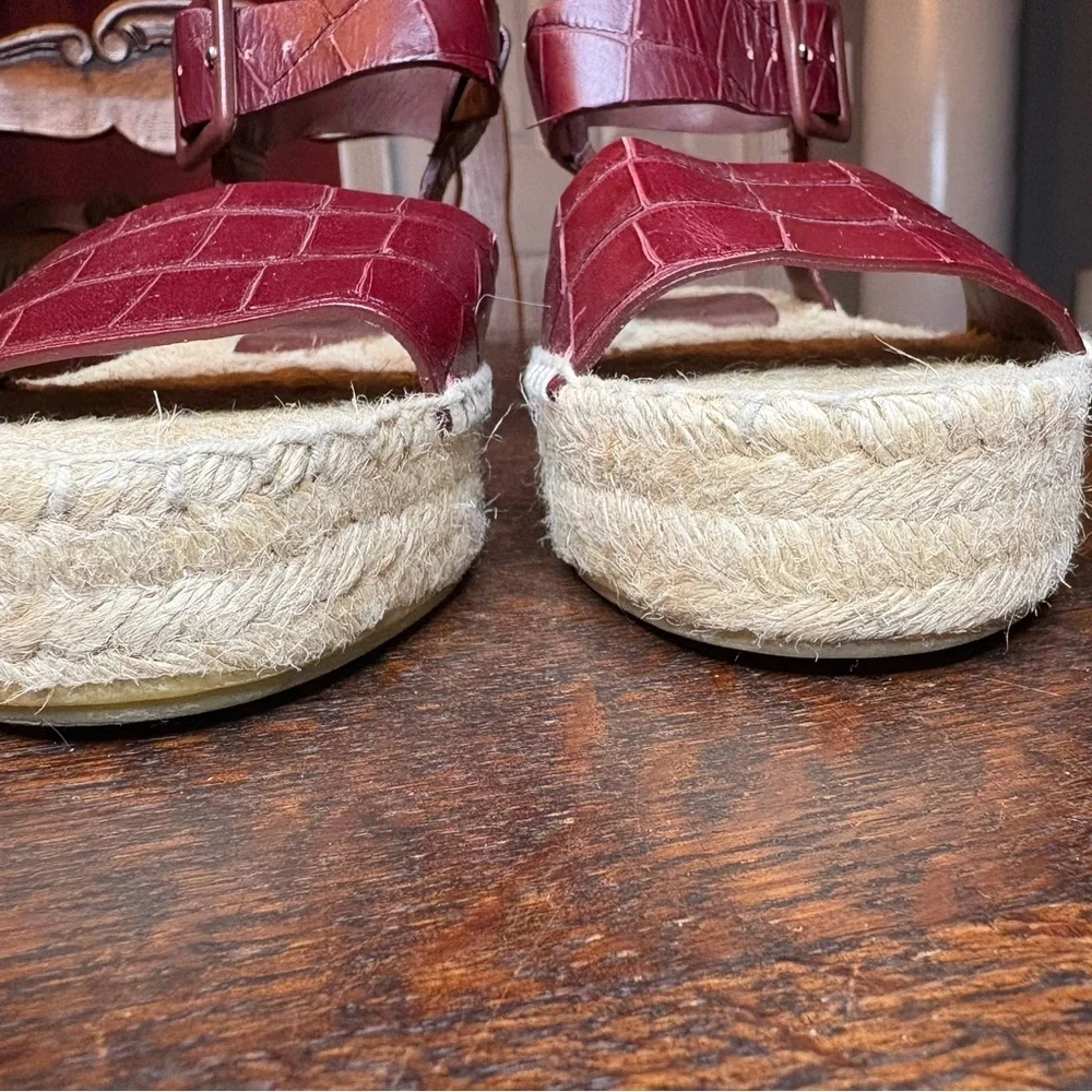 Vince Edina Nut Brown Croc Embossed Leather Platform Espadrille Sandal Size 7